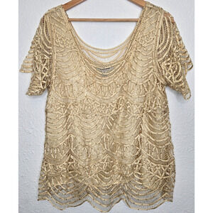 Vintage 80s Top Womens 2X Ivory 100% Silk Crochet Lace Scallop Gold Beaded Glam